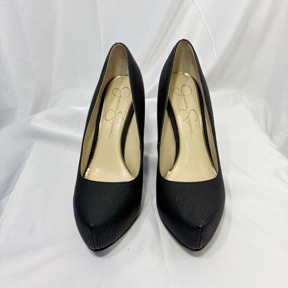 JESSICA SIMPSON  Parisah Black Snake Hidden Platform  Pumps Stilettos Size 7.5 - Picture 1 of 8
